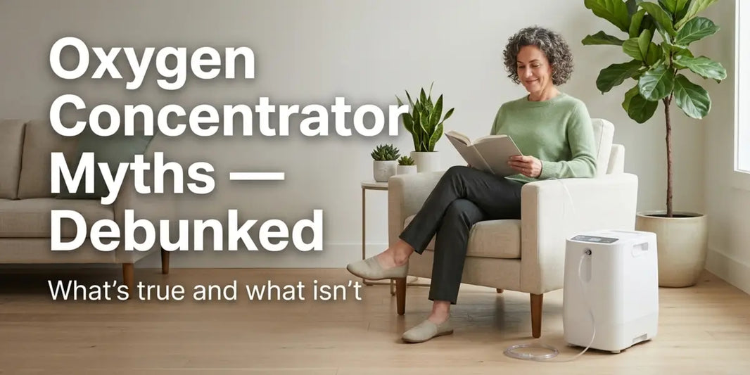 A woman sitting near to a white oxygen concentrator. 