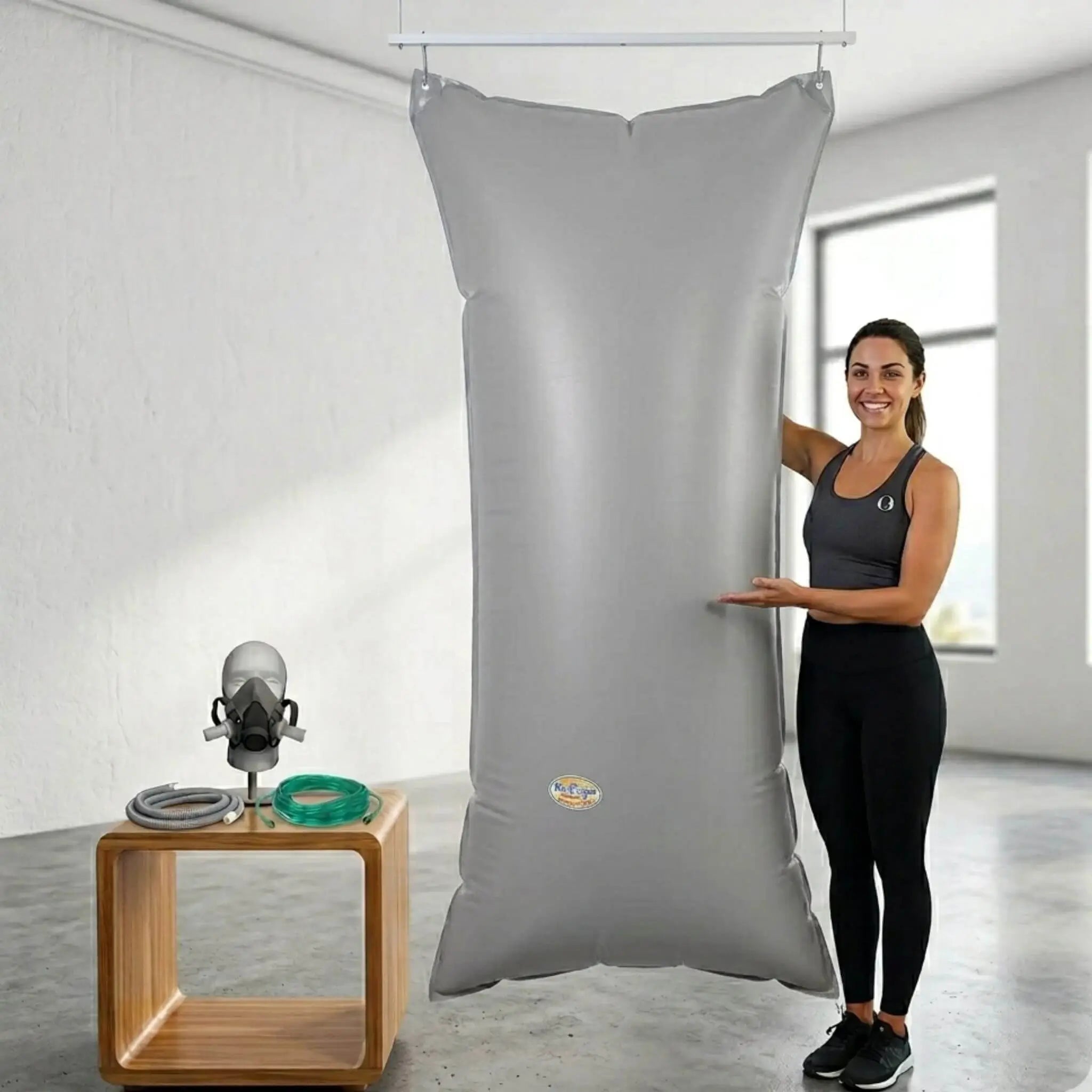 A lady with our oxygen reservoir bag and accessories