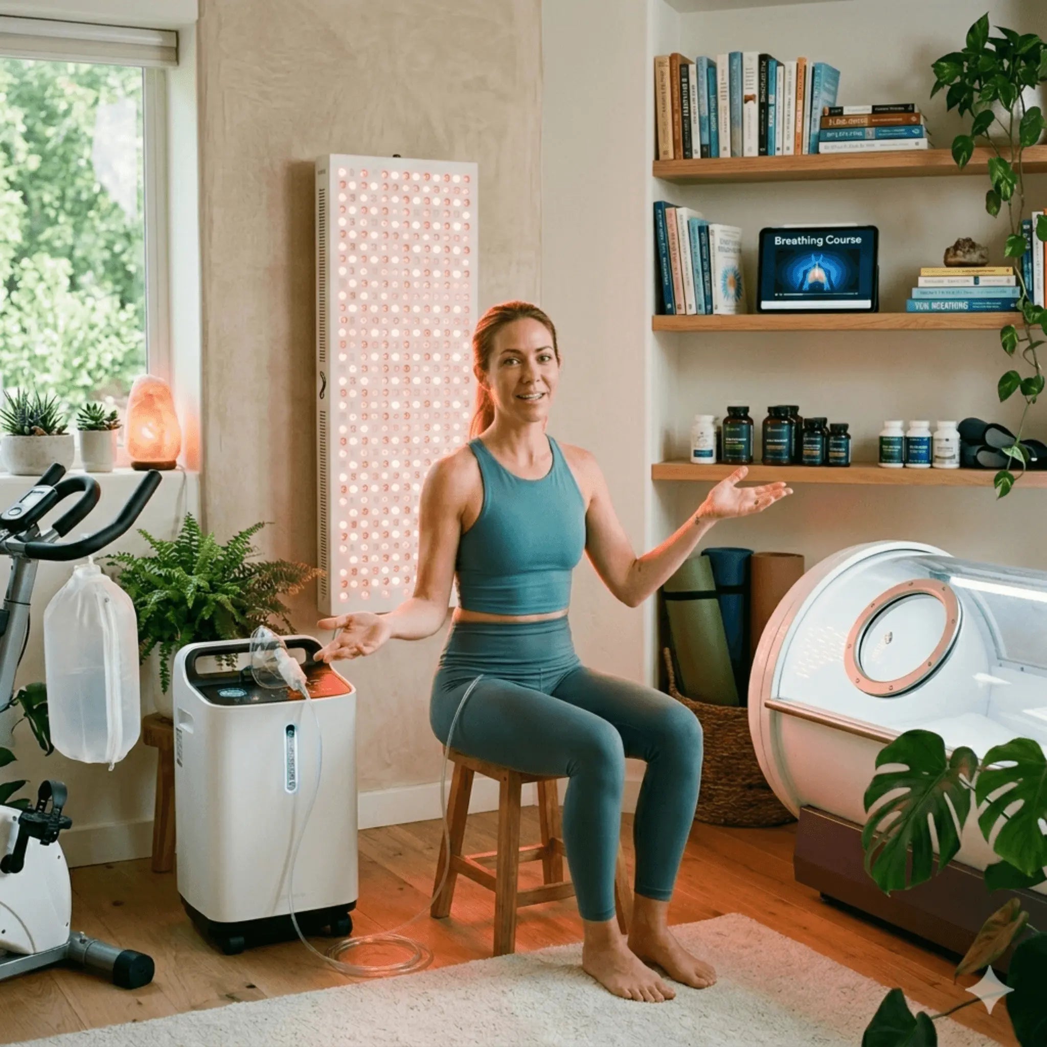 A healthy lady among products for healthy living through optimal breathing