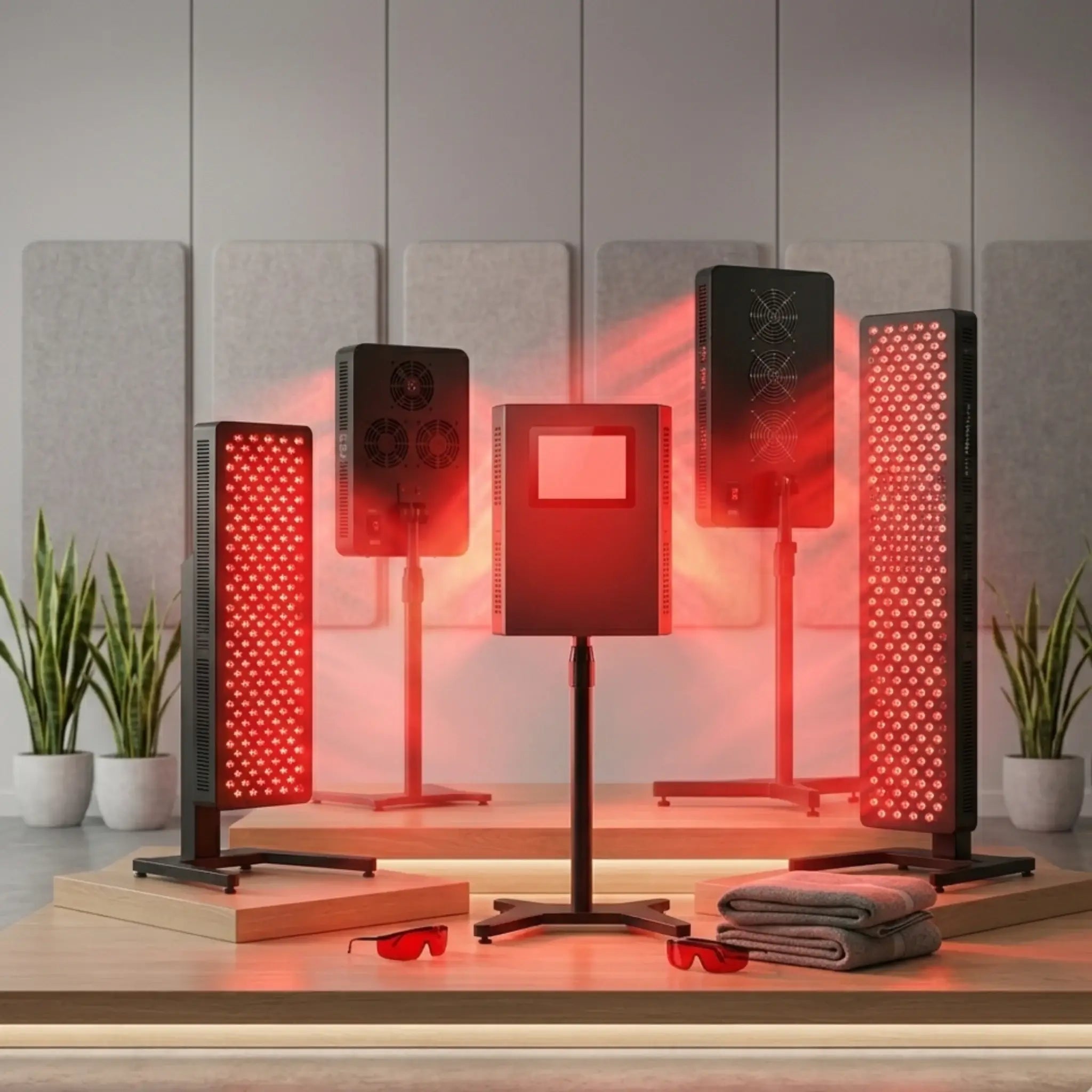 A collection of red light therapy panels 