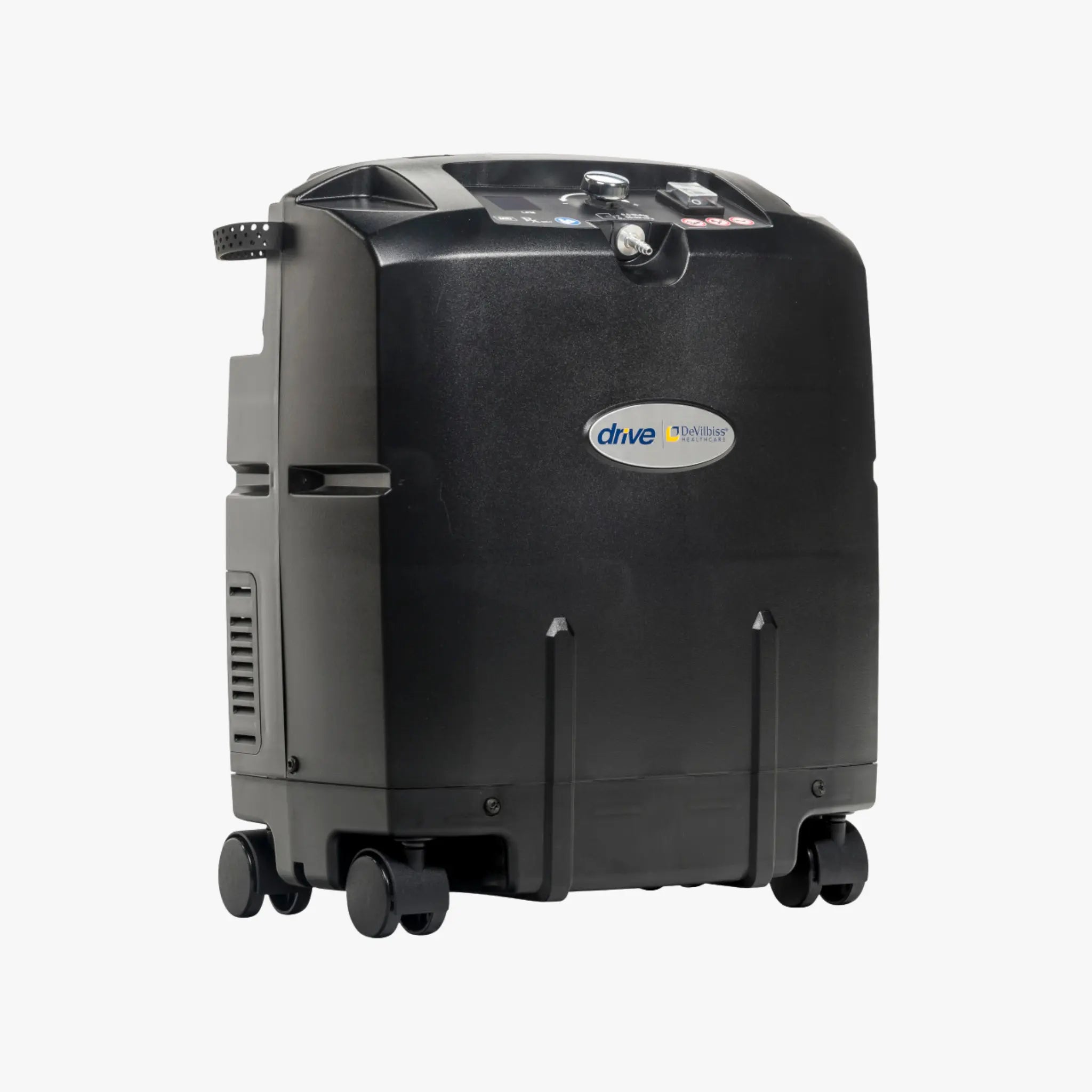 A black Drive Devilbiss 555DS Compact Oxygen concentrator with a wheeled base and a visible Drive Medical logo, shown against a plain white background.