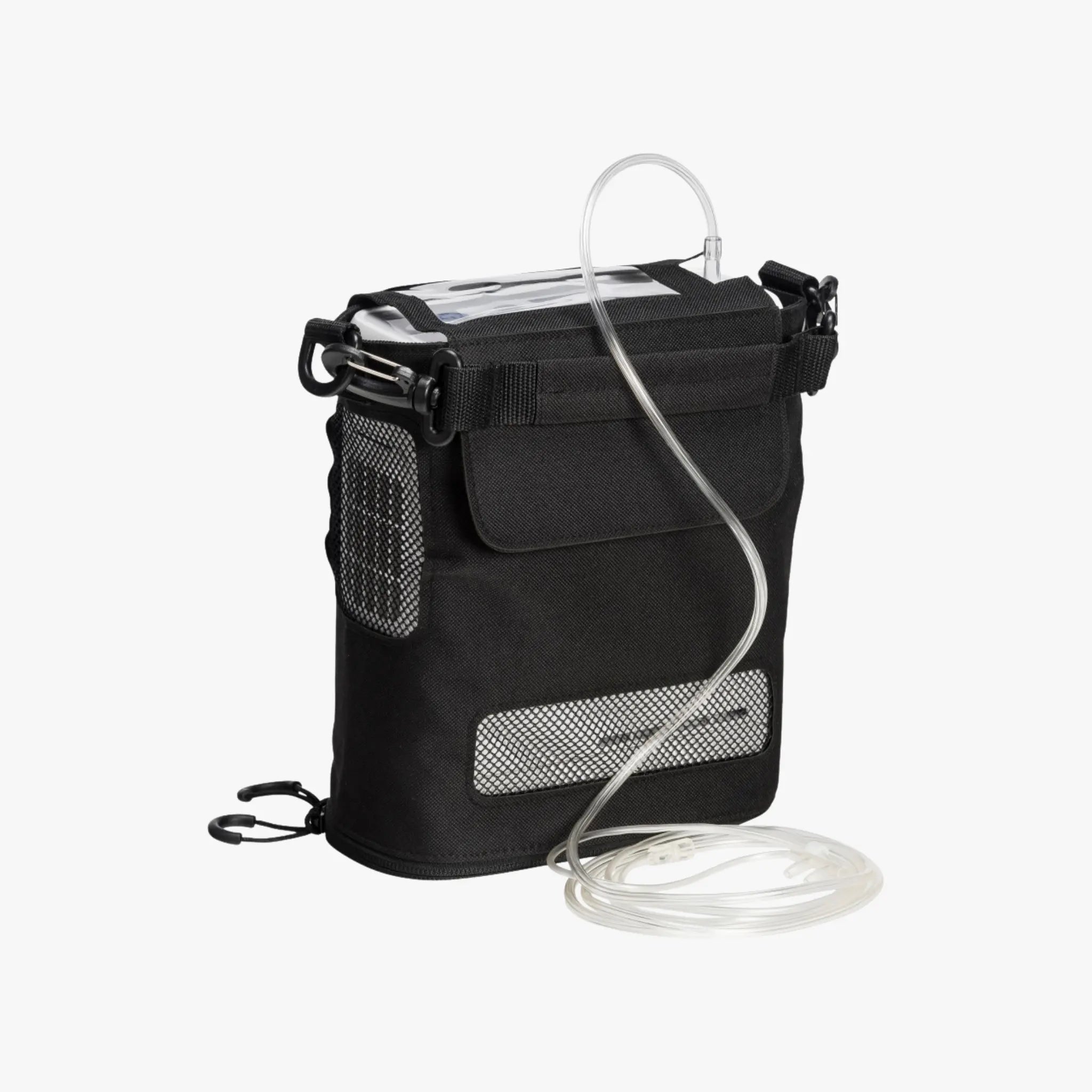 A portable oxygen concentrator in a black bag