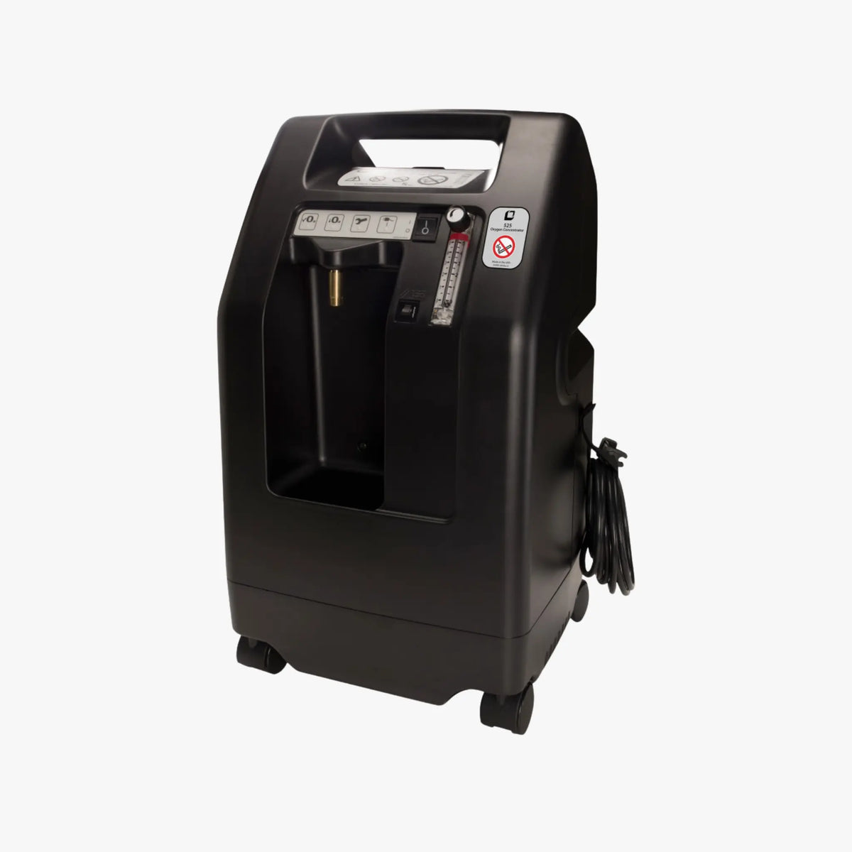 Drive Devilbiss 525DS-Q black portable stationary oxygen concentrator with a top handle, front air filter port, side power cord, and caster wheels, shown on a plain light gray background.