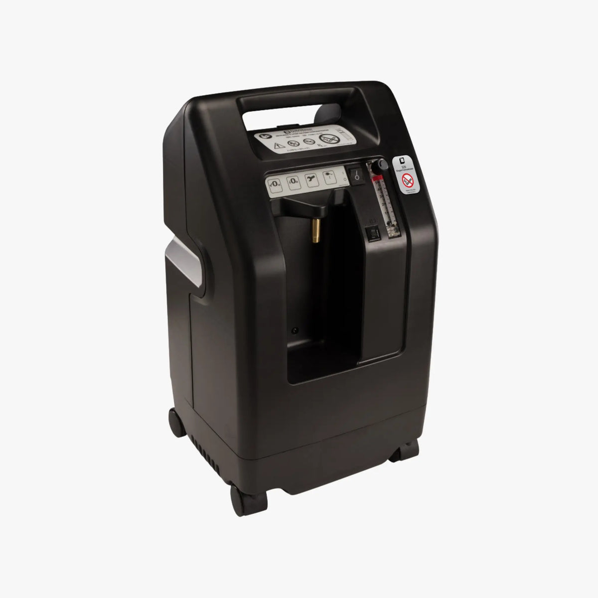 Drive Devilbiss 525DS-Q black portable stationary oxygen concentrator with a top handle, front control panel, and side port, shown on a plain light gray background.