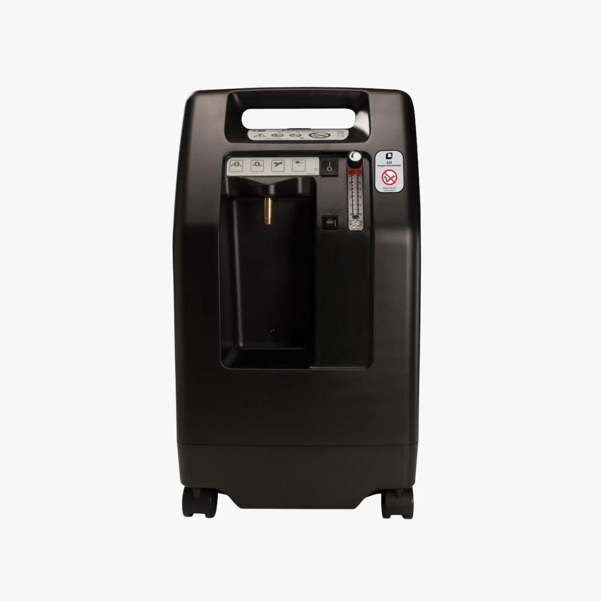 Drive Devilbiss 525DS-Q black portable stationary oxygen concentrator machine with a handle, front air filter, control panel, and low-oxygen indicator light, shown against a plain light gray background.