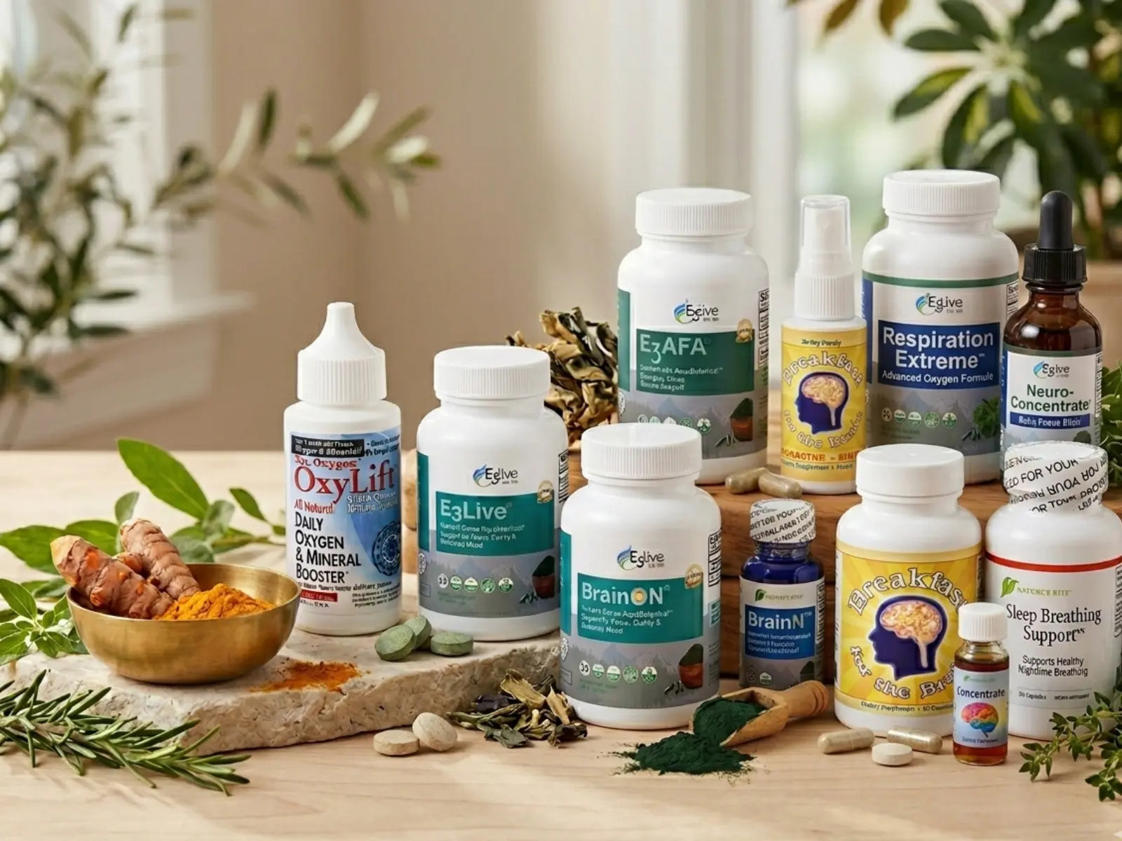 Collection of health and wellness products on a wooden surface with plants in the background
