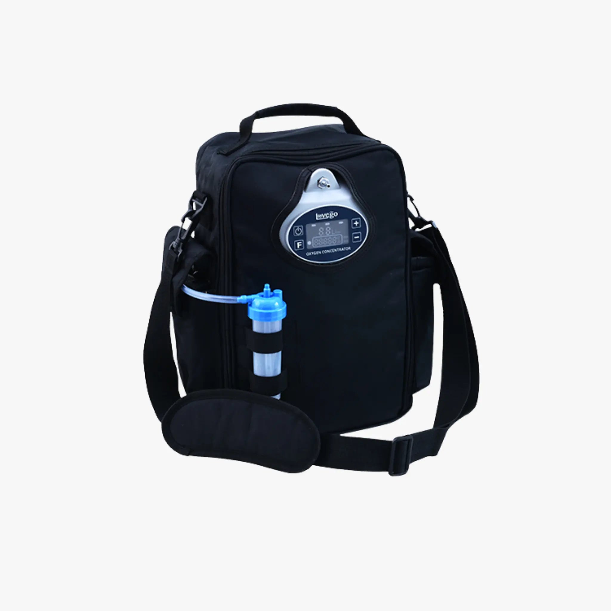 Black oxygen concentrator bag with attached oxygen tank on a light gray background