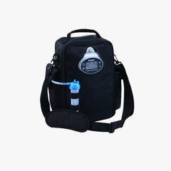 Black oxygen concentrator bag with attached oxygen tank on a light gray background