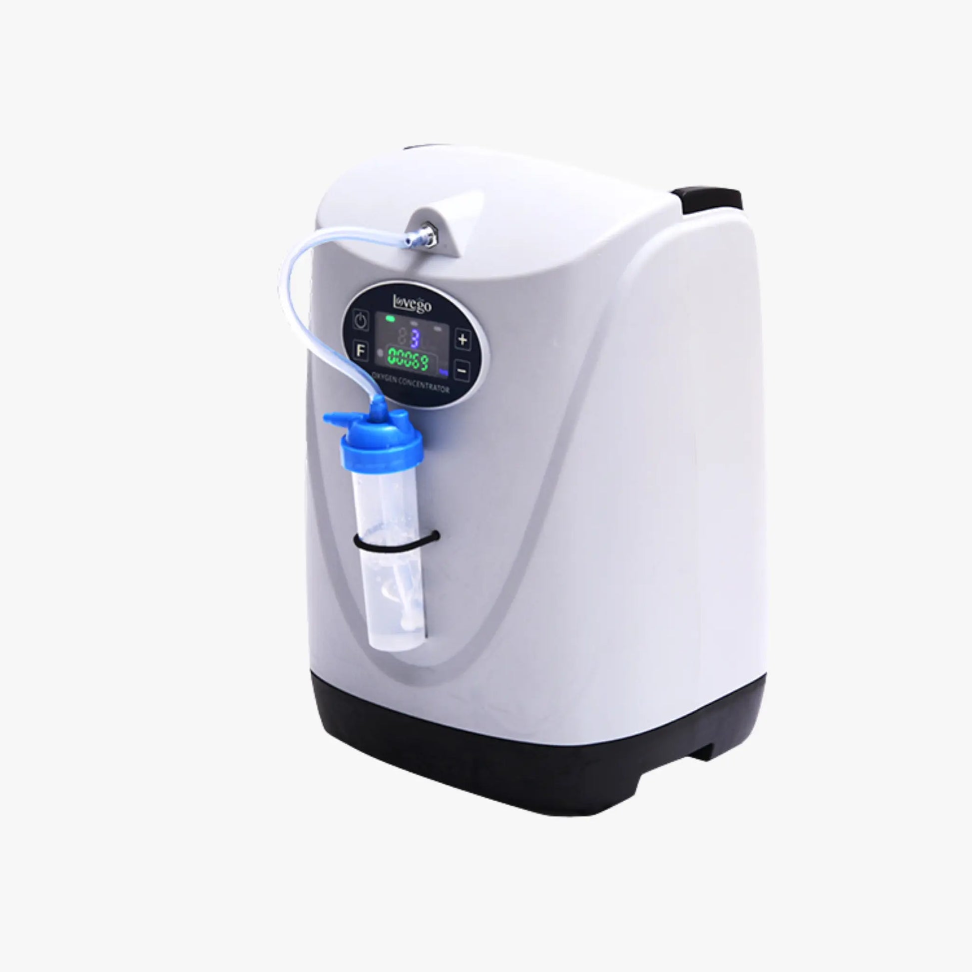 White and black oxygen concentrator with digital display on a white background