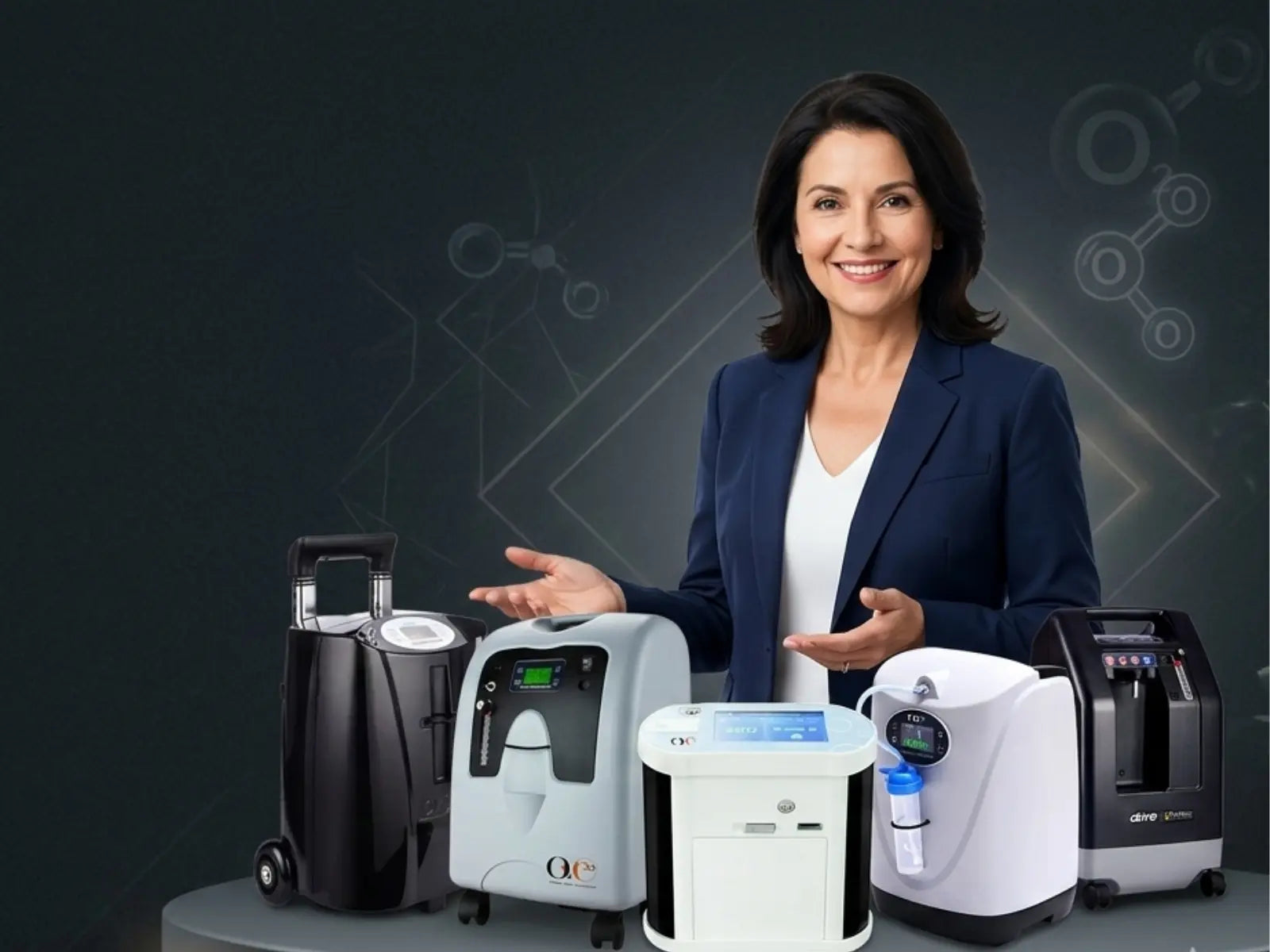 Woman standing with various oxygen concentrators on a dark background