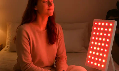 Woman sitting on a bed with a red light therapy panel in front of her.