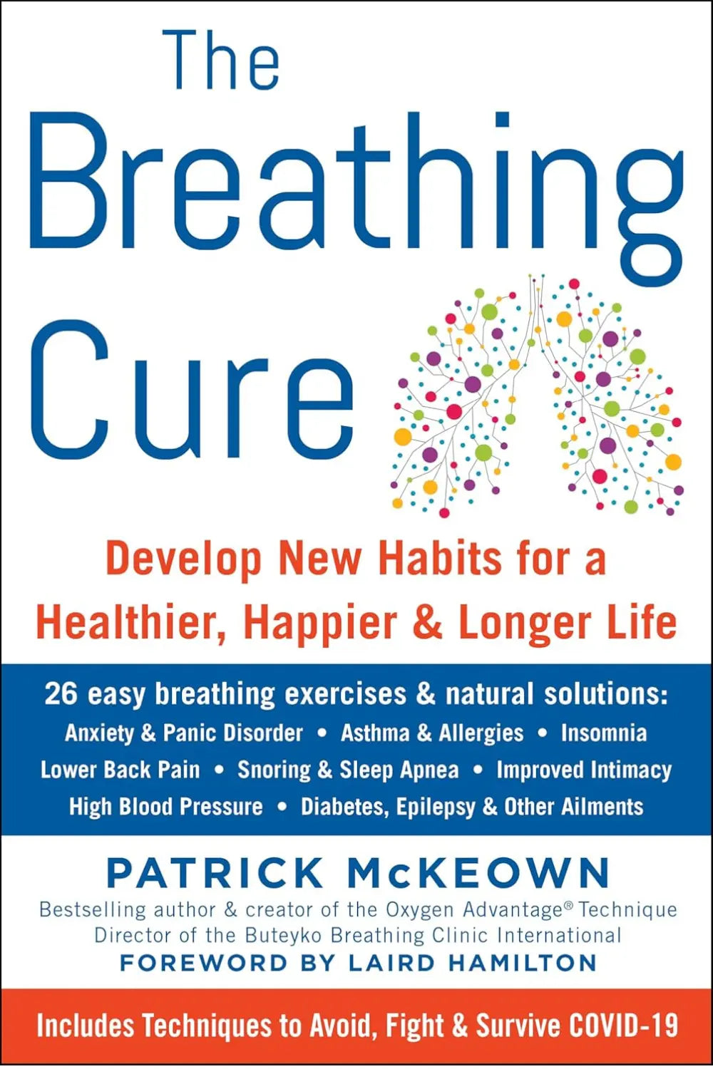 Book cover of 'The Breathing Cure' by Patrick McKeown with colorful design elements.