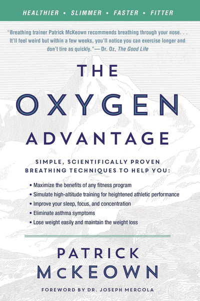 Book cover of 'The Oxygen Advantage' by Patrick McKeown with text about breathing techniques.