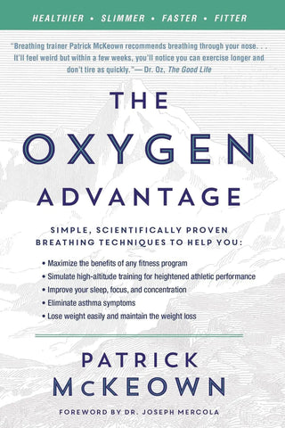 Book cover of 'The Oxygen Advantage' by Patrick McKeown with text about breathing techniques.