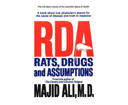 Cover of the book 'RDA - Rats, Drugs and Assumptions' by Majid Ali, MD, featuring a red and blue design with a white title text and a graphic of a rat.